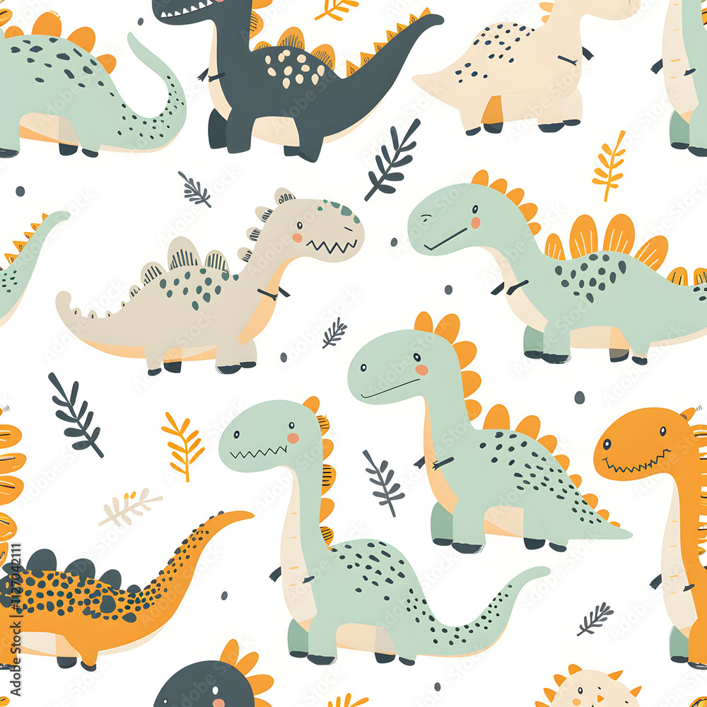 Playful dinosaurs and leaves in soft colors, seamless pattern, white background, concept of whimsical kid-friendly design