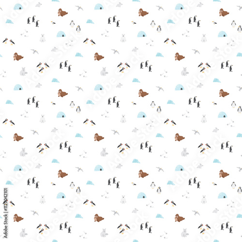 Polar animals seamless pattern. Cute Cartoon arctic animals background. Vector Illustration.