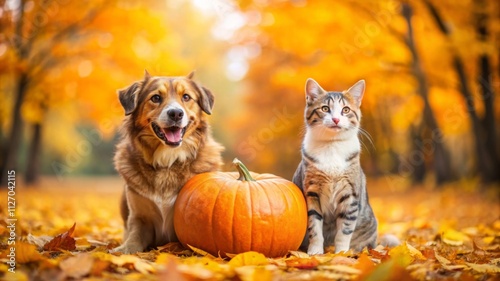 Cute cat and dog with pumpkin on blurred automn background with orange leaves