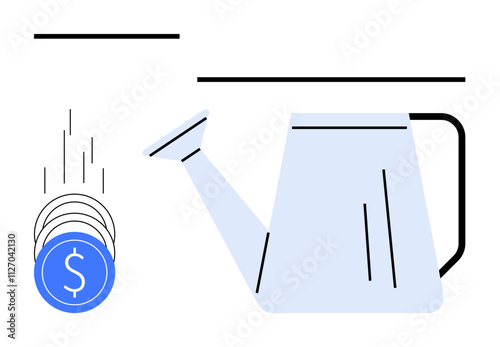 Watering can pointing towards falling coins, illustrating the financial investment process. Ideal for business, finance, growth, investment, savings, monetary policy, and economic development themes photo