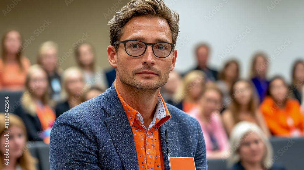 Fototapeta premium A man wearing glasses and a stylish blazer sits in a gathering where attendees are dressed in orange, engaging in conversation or presentation