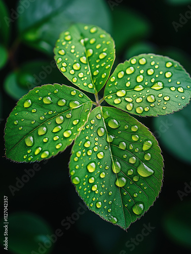 Dew kissed clover leaves. Nature's beauty, freshness, and vitality. photo