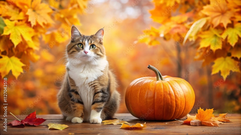 Cute cat with pumpkin on blurred automn background with orange leaves Cute cat with pumpkin on blurred automn background with orange leaves