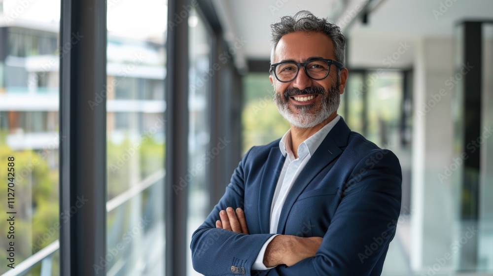 Confident portrait of a mature businessman with arms crossed, exuding professionalism and happiness in a corporate environment Confident portrait of a mature businessman with arms crossed, exuding professionalism and happiness in a corporate environment