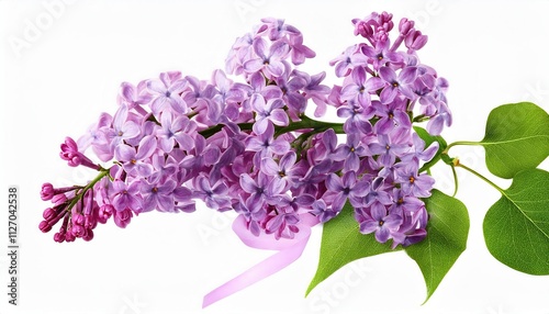 Vibrant Purple Lilac Flowers in Full Bloom with Glossy Green Leaves on a Bright White Background, Ideal for Floral Decoration, Gardening Inspiration, or Springtime Nature Photography