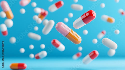 Colorful pills and capsules floating against blue background create vibrant and dynamic scene. assortment includes various shapes and colors, evoking sense of health and wellness