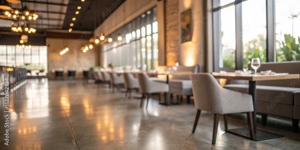 A Blurred View of a Restaurant Interior with Empty Chairs and Tables, Bathed in Warm Light From Overhead Lamps A Blurred View of a Restaurant Interior with Empty Chairs and Tables, Bathed in Warm Light From Overhead Lamps