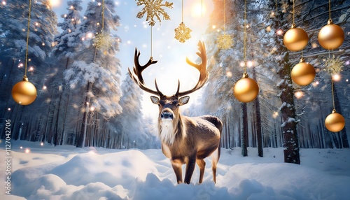 A majestic reindeer standing in a snowy forest with sparkling snowflakes and golden Christmas ornaments hanging from the trees