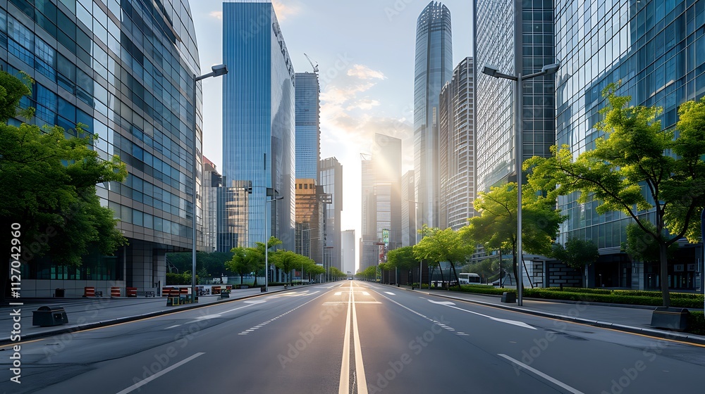 A modern city street with sleek, glass-fronted buildings, under a crisp, bright afternoon sky A modern city street with sleek, glass-fronted buildings, under a crisp, bright afternoon sky