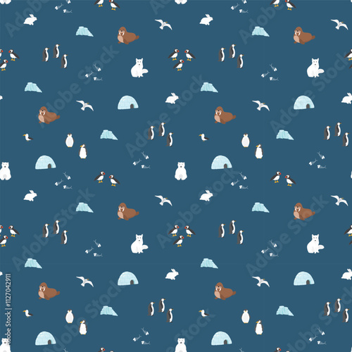 Polar animals seamless pattern. Cute Cartoon arctic animals background. Vector Illustration.