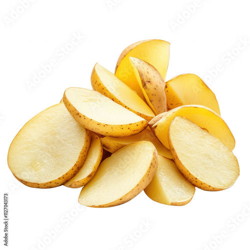 Freshly cut potato slices, isolated on transparent or white background