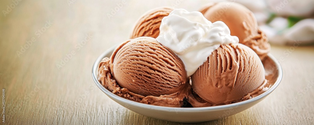 A decadent chocolate ice cream topped with a generous dollop of fluffy whipped cream, creating a rich and luxurious dessert experience. A decadent chocolate ice cream topped with a generous dollop of fluffy whipped cream, creating a rich and luxurious dessert experience.