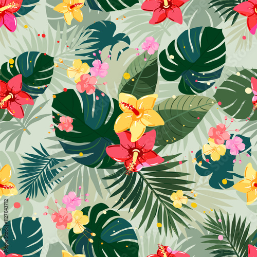 Seamless pattern with flowers and leaves. Tropical ornament for fabric, covers, wallpaper.