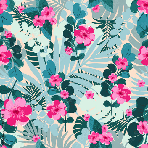 Ornament with flowers and leaves. Seamless pattern for fabric, covers, wallpaper .