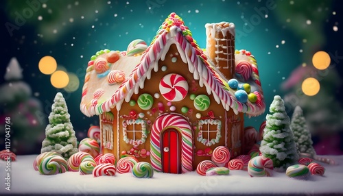 A whimsical gingerbread house decorated with candy canes, gumdrops, and icing, surrounded by snow and small Christmas trees