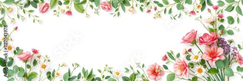 A horizontal greeting card mockup template featuring a blank card surrounded by flowers and greenery, invitation, flowers