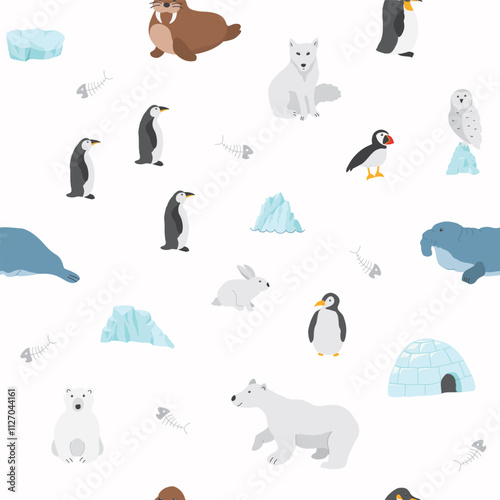 Polar animals seamless pattern. Cute Cartoon arctic animals background. Vector Illustration.