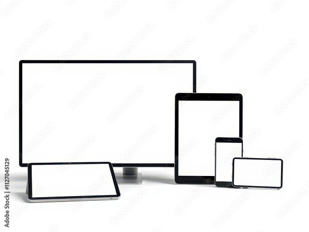 A mockup of isolated electronic devices including smartphones, tablets, and laptops, modern, devices, presentation A mockup of isolated electronic devices including smartphones, tablets, and laptops, modern, devices, presentation