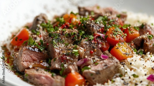 Close-up of mansaf showing tender lamb and vibrant garnishes.