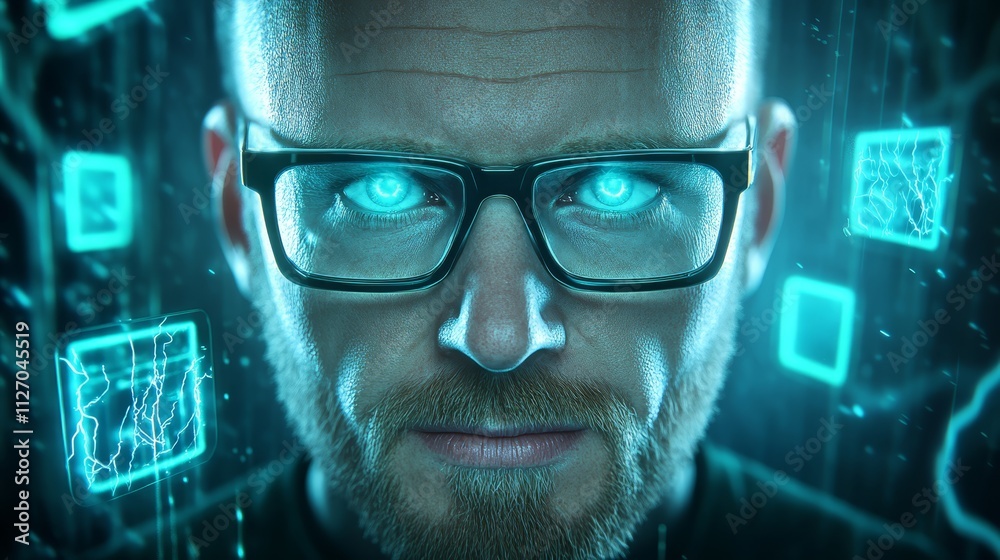 Focused bearded man with glasses working on a computer screen Focused bearded man with glasses working on a computer screen