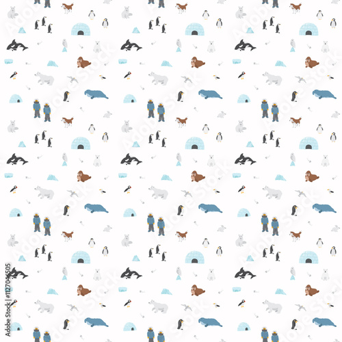 Polar animals seamless pattern. Cute Cartoon arctic animals background. Vector Illustration.