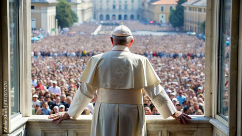 Pope standing back view with raised hand in front of crowd of greeting people