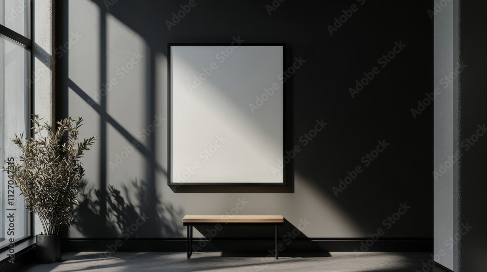 Fototapeta premium Minimalist Interior Setup with Vertical Framed Artwork on Wall