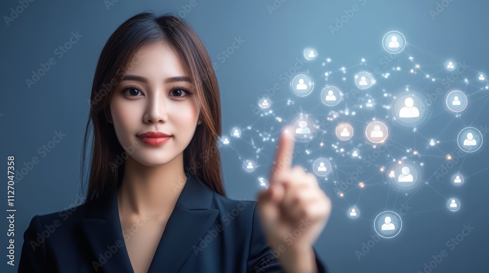 Woman navigating a network of interconnected social media icons, exploring online communities and digital interaction Woman navigating a network of interconnected social media icons, exploring online communities and digital interaction