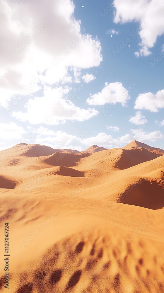 Naklejka premium A serene desert landscape with rolling sand dunes under a bright sky and scattered clouds.