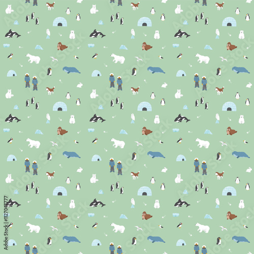 Polar animals seamless pattern. Cute Cartoon arctic animals background. Vector Illustration.