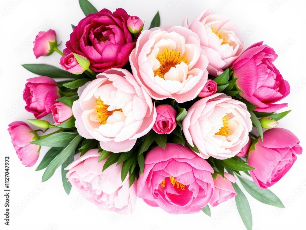 A vibrant arrangement of pink peonies and roses set against a white background with space for text, elegant, arrangement, peonies A vibrant arrangement of pink peonies and roses set against a white background with space for text, elegant, arrangement, peonies