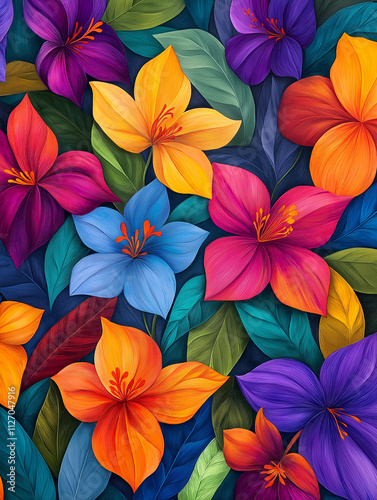 Wallpaper Mural Vibrant Floral Pattern with Colorful Tropical Flowers. Concept of beauty, nature, and summer. Torontodigital.ca
