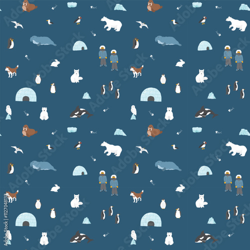 Polar animals seamless pattern. Cute Cartoon arctic animals background. Vector Illustration.