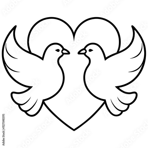 Monochrome silhouette of two doves and a heart