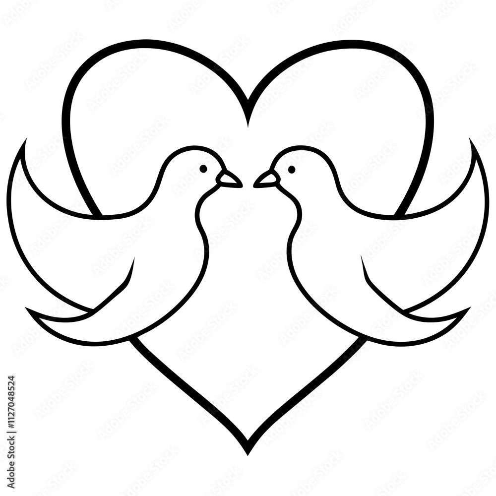 Monochrome silhouette of two doves and a heart