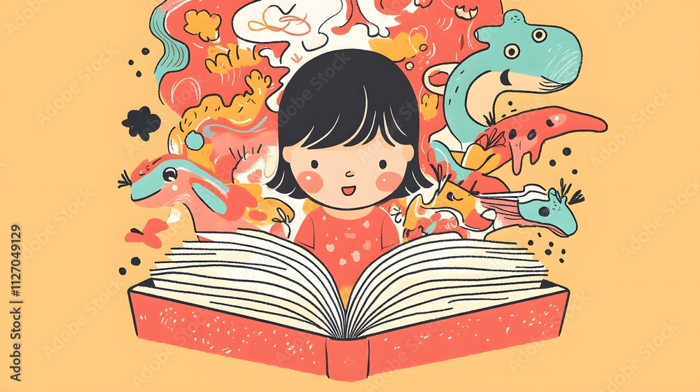 child with an open book in their hands, surrounded by vibrant illustrations of animals and fantasy creatures emerging from the pages, representing the connection between reading and creative child with an open book in their hands, surrounded by vibrant illustrations of animals and fantasy creatures emerging from the pages, representing the connection between reading and creative