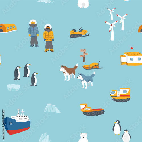 Polar station seamless pattern. Cute Cartoon arctic animals background. Vector Illustration.