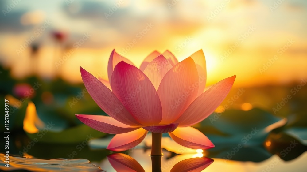 A serene pink lotus flower blossoms at sunset, its petals illuminated by the golden light reflecting on the calm water's surface. A serene pink lotus flower blossoms at sunset, its petals illuminated by the golden light reflecting on the calm water's surface.