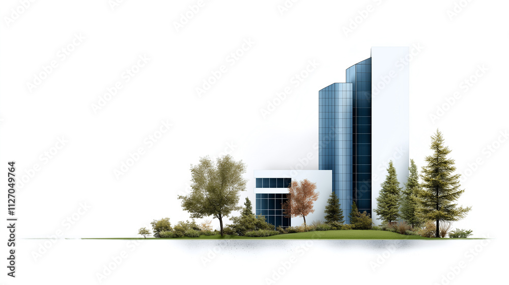 Modern office building surrounded by greenery and trees, showcasing sleek design with glass and white exterior. serene environment enhances architectural beauty Modern office building surrounded by greenery and trees, showcasing sleek design with glass and white exterior. serene environment enhances architectural beauty