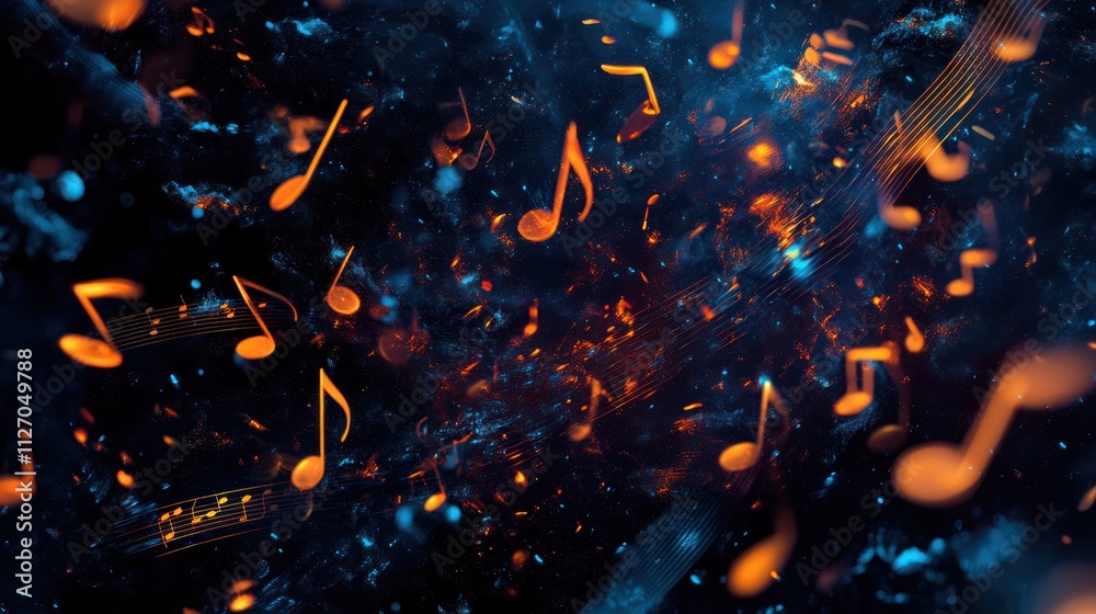 Abstract notes music glowing on dark background. Abstract notes music glowing on dark background.