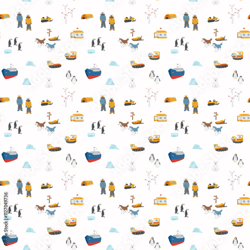 Polar station seamless pattern. Cute Cartoon arctic animals background. Vector Illustration.