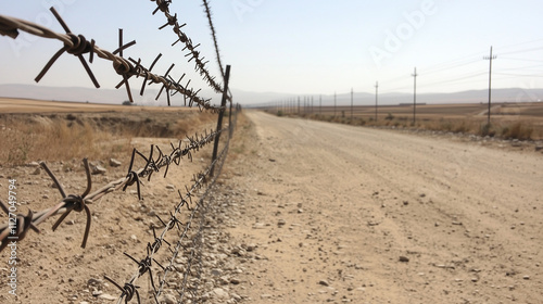 Border Control Barbed Wire Fencing with Distant Landscape