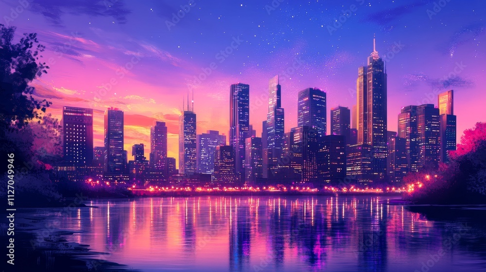 Fototapeta premium Vibrant Cityscape at Dusk Showcasing Stunning Skyline Reflections