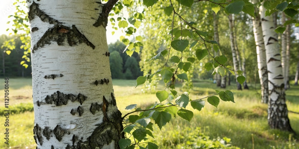 Obraz premium A Close-Up View of a Birch Tree Trunk with White Bark and Green Leaves in a Forest Setting
