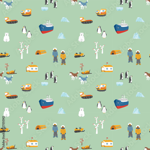 Polar station seamless pattern. Cute Cartoon arctic animals background. Vector Illustration.