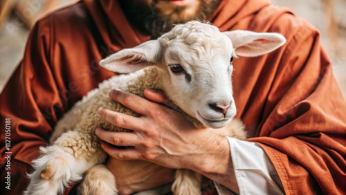 Jesus Christ gently holding a lamb in hands