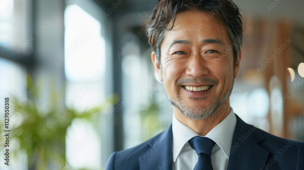 Portrait of a happy Asian businessman in an office setting, showcasing a professional lawyer with a smile in a blurred background Portrait of a happy Asian businessman in an office setting, showcasing a professional lawyer with a smile in a blurred background