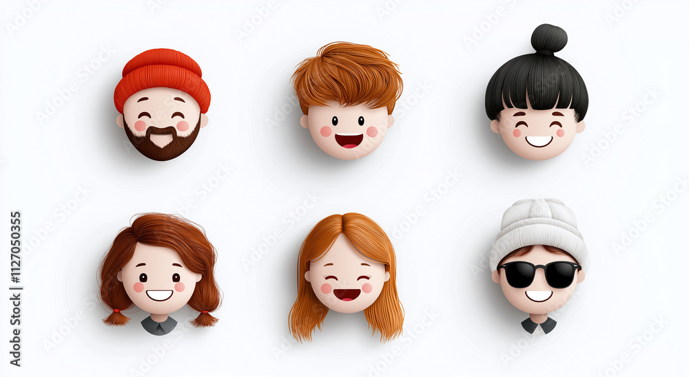 Cute smiling avatars featuring diverse hair s and accessories, showcasing joyful expression. Perfect for social media or digital projects Cute smiling avatars featuring diverse hair s and accessories, showcasing joyful expression. Perfect for social media or digital projects