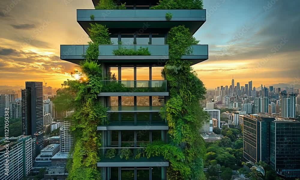 Modern building covered in greenery with a sunset backdrop. Modern building covered in greenery with a sunset backdrop.