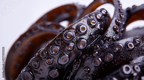  Close-up of sannakji showing detailed tentacle texture with sesame oil glistening. photo